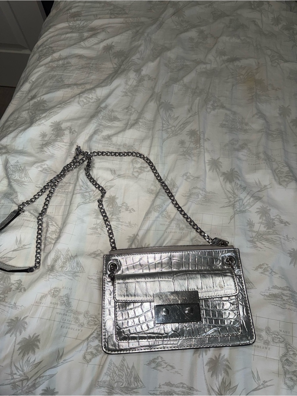 Michael Kors Silver Croc-Embossed Chain Crossbody
